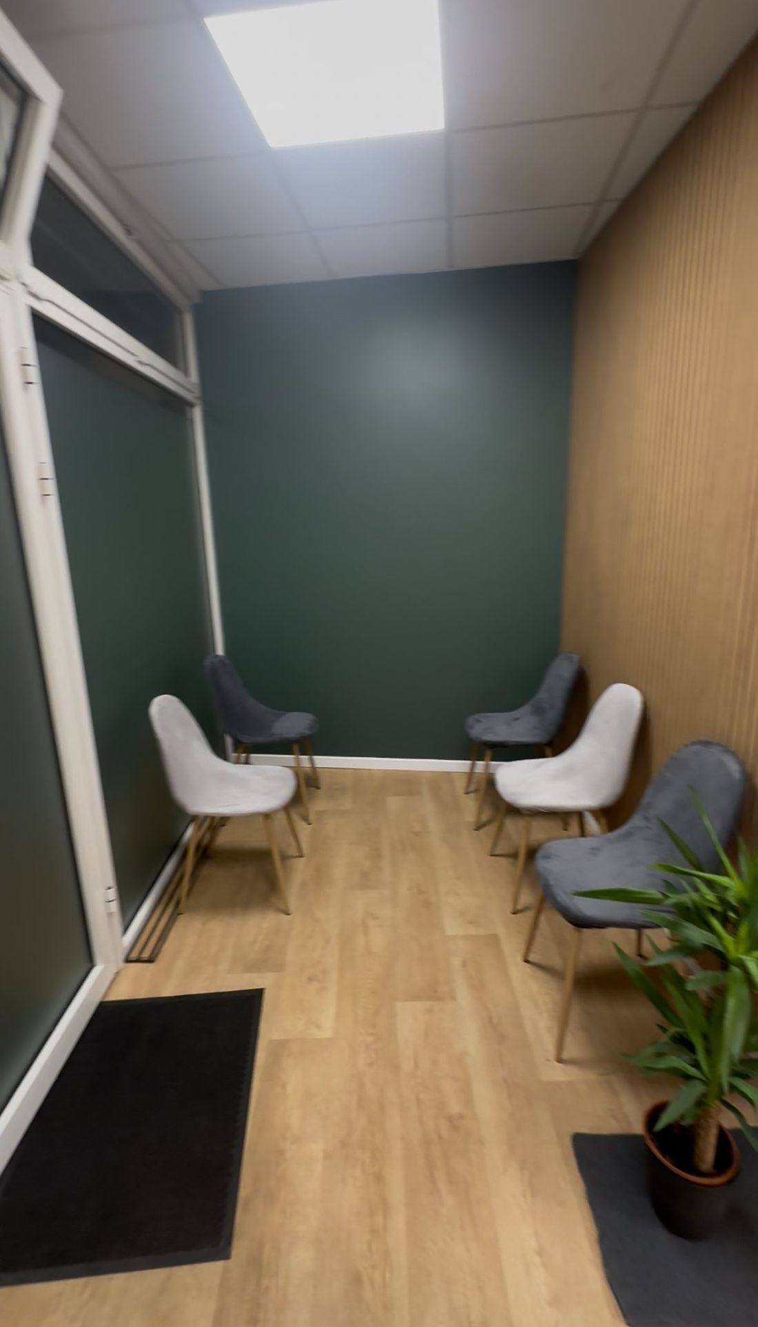 Salle d'attente du cabinet : mur vert, mur en tasseaux de bois et parquet